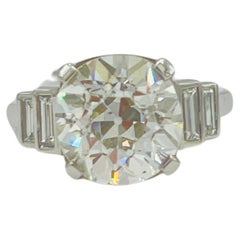 GIA 4 Carat Old European and Emerald Cut White Diamond Ring in Platinum