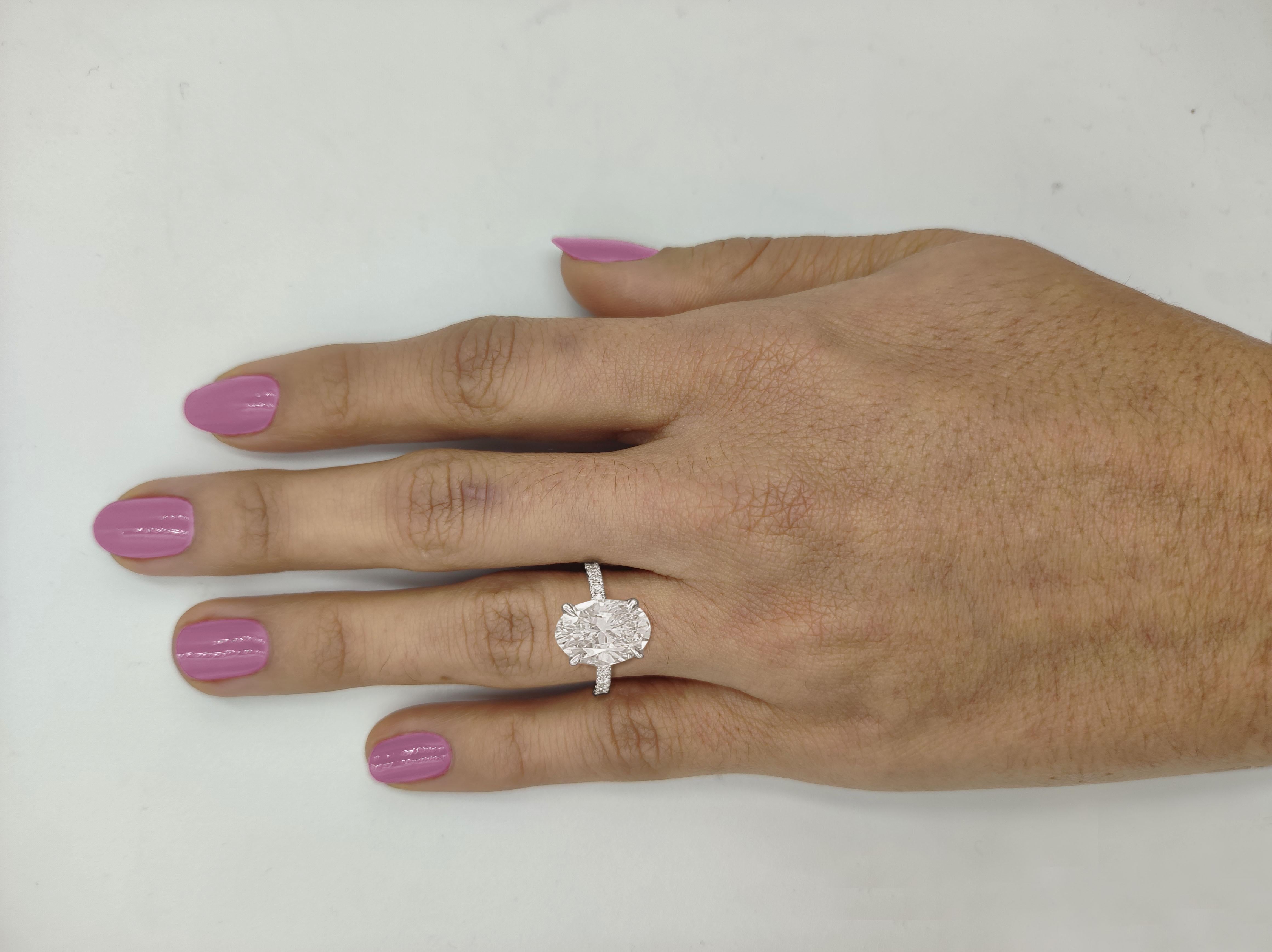 Women's GIA 4 Ct E Color VS Clarity Oval Brilliant Cut Diamond 18K White Gold Ring  For Sale