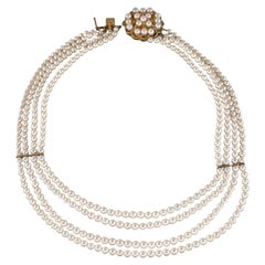 GIA Collana a 4 fili di perle giapponesi Akoya d'acqua salata e diamanti in oro 14K Vintage