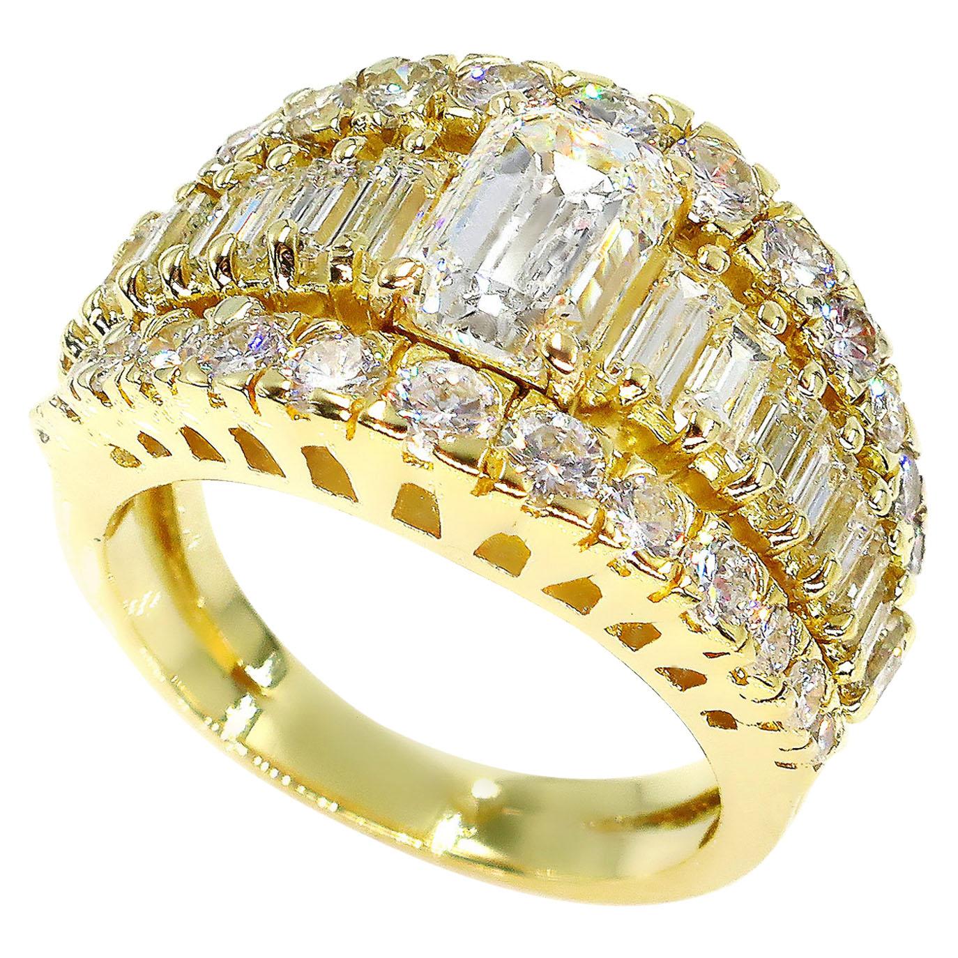 GIA 4.0 Carat Emerald Cut Diamond Vintage Triple Band Yellow Gold Ring