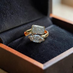 GIA 4.00 Ct F/VS1 Radiant & Marquise Diamond Half Bezel Toi Et Moi Ring 18K Gold