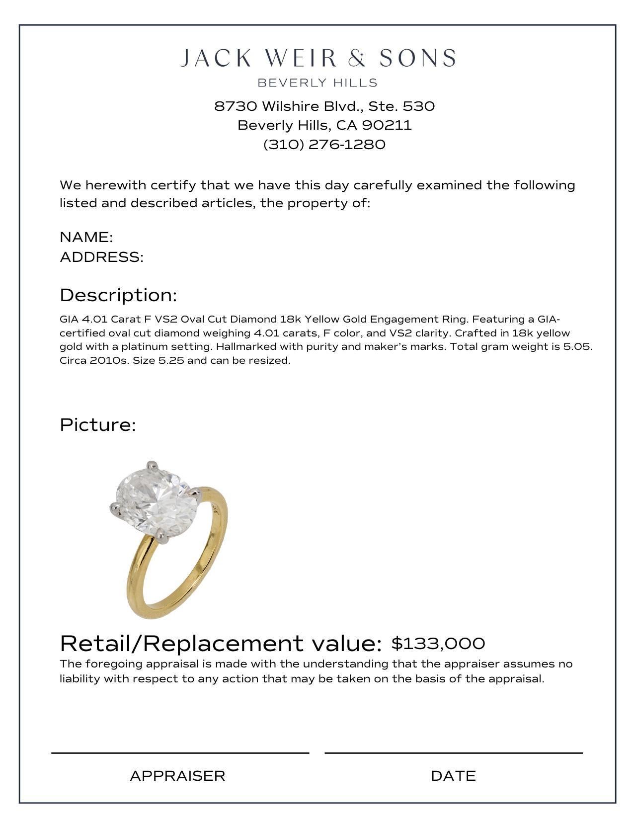 Bague de fiançailles en or jaune 18 carats avec diamant taille ovale de 4,01 carats F VS2, certifié GIA Pour femmes en vente