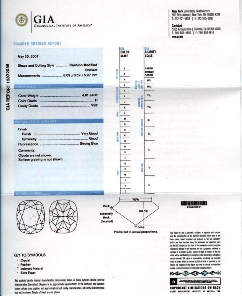 Women's GIA 4.01 Carat H/VS2 Cushion Cut Diamond Platinum 3-Stone Engagement Ring For Sale