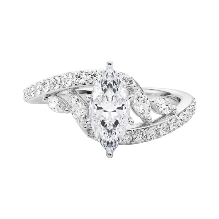 GIA 4.01 Carat Marquise Curved Bypass Leaf & Vine 18K White Gold Diamond Ring