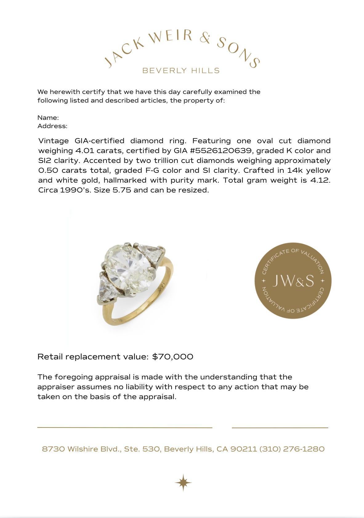 Bague de fiançailles en or jaune et blanc GIA 4,01 carats diamant taille ovale 14k en vente 2