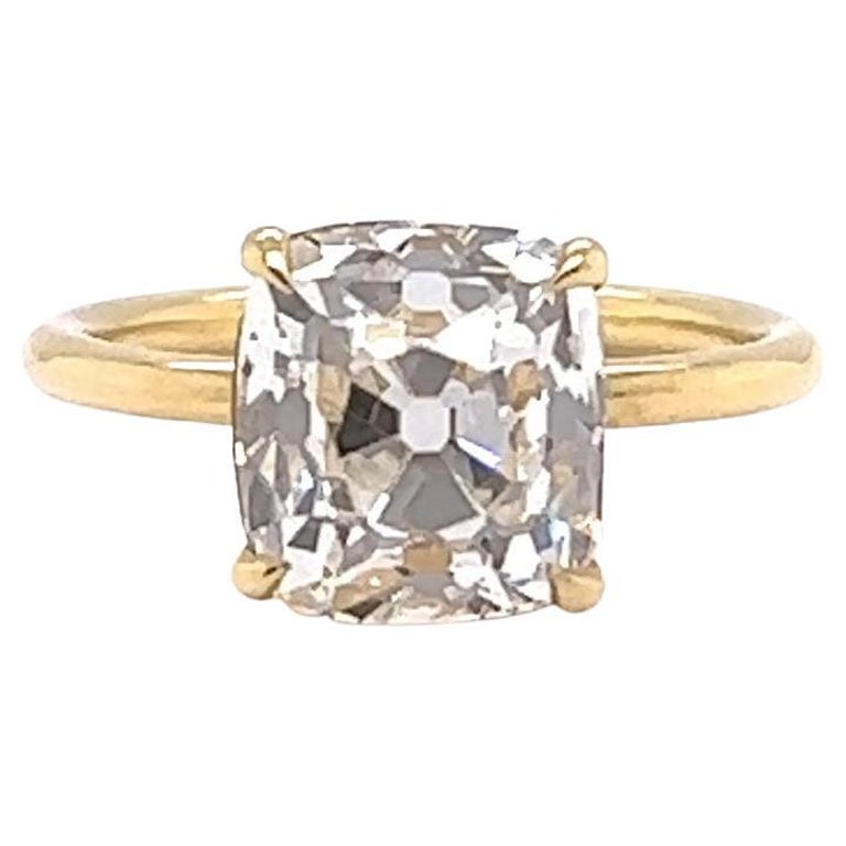 GIA 4.01 Carats Old Mine Cut Diamond 18K Yellow Gold Solitaire Engagement Ring For Sale