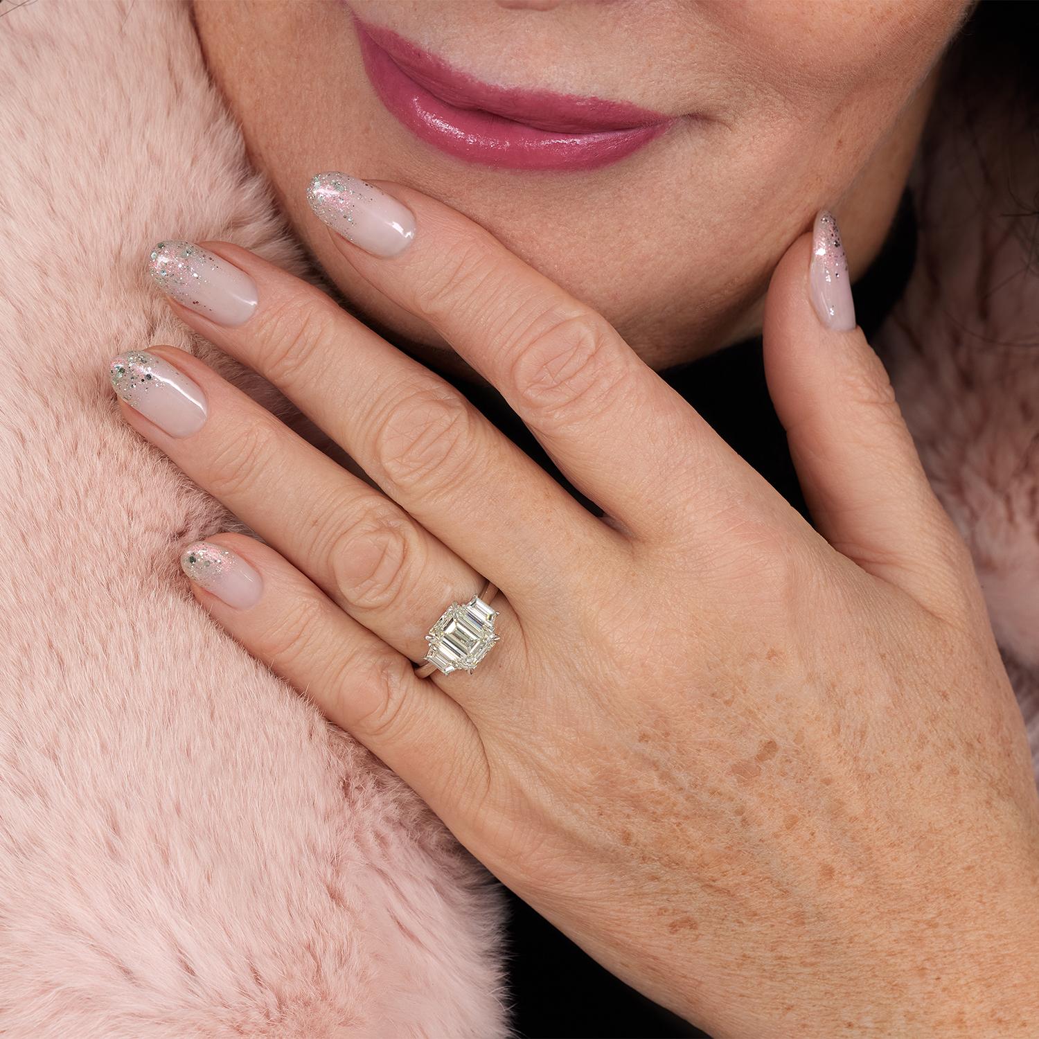 Emerald Cut GIA 4.01CT Estate Vintage Emerald Diamond 3 Stone Engagement Wedding Plat Ring For Sale