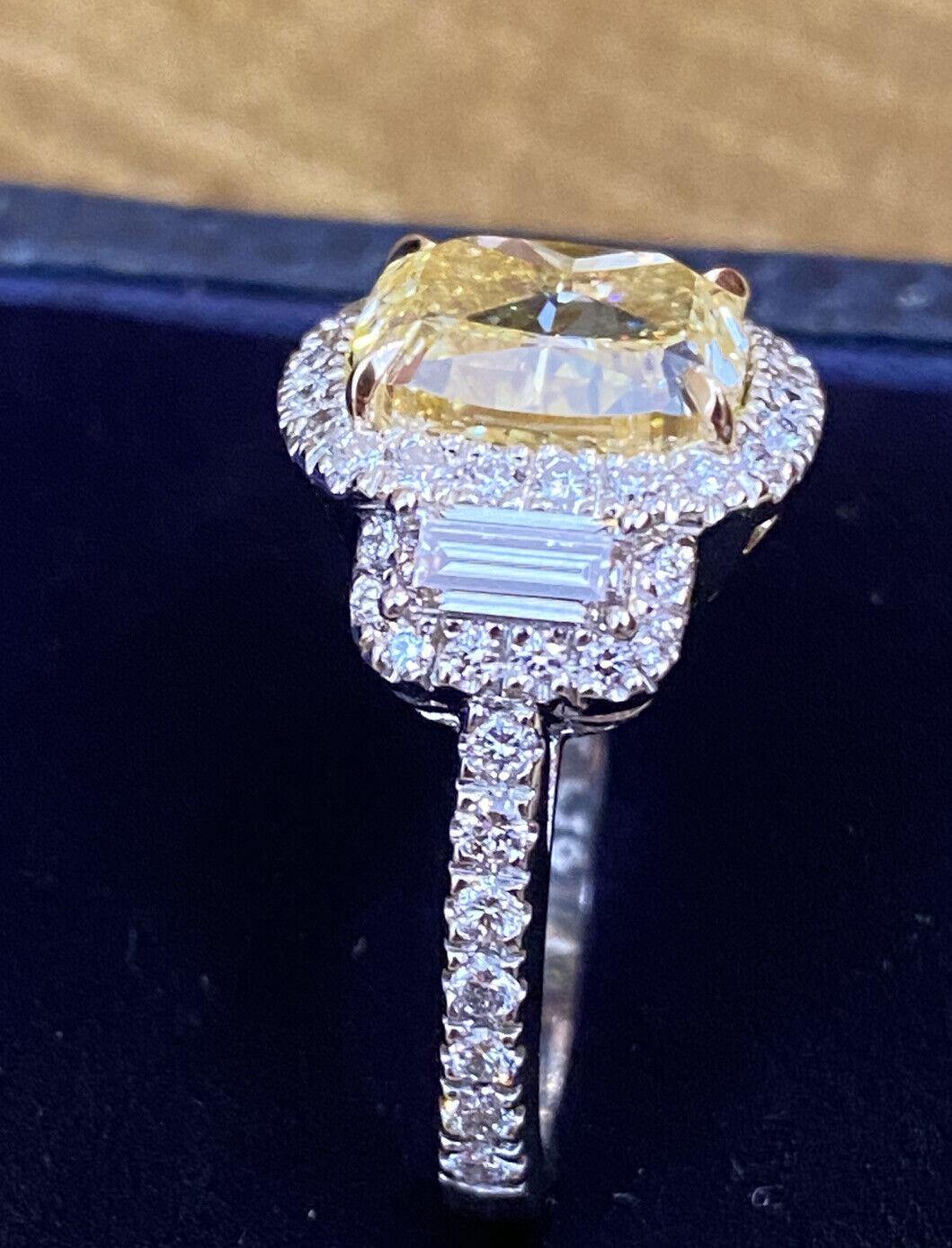 GIA 4.02 Carat Fancy Yellow Cushion VS1 Diamond Ring in Platinum and 18k Gold For Sale 5