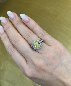 GIA 4.02 Carat Fancy Yellow Cushion VS1 Diamond Ring in Platinum and 18k Gold