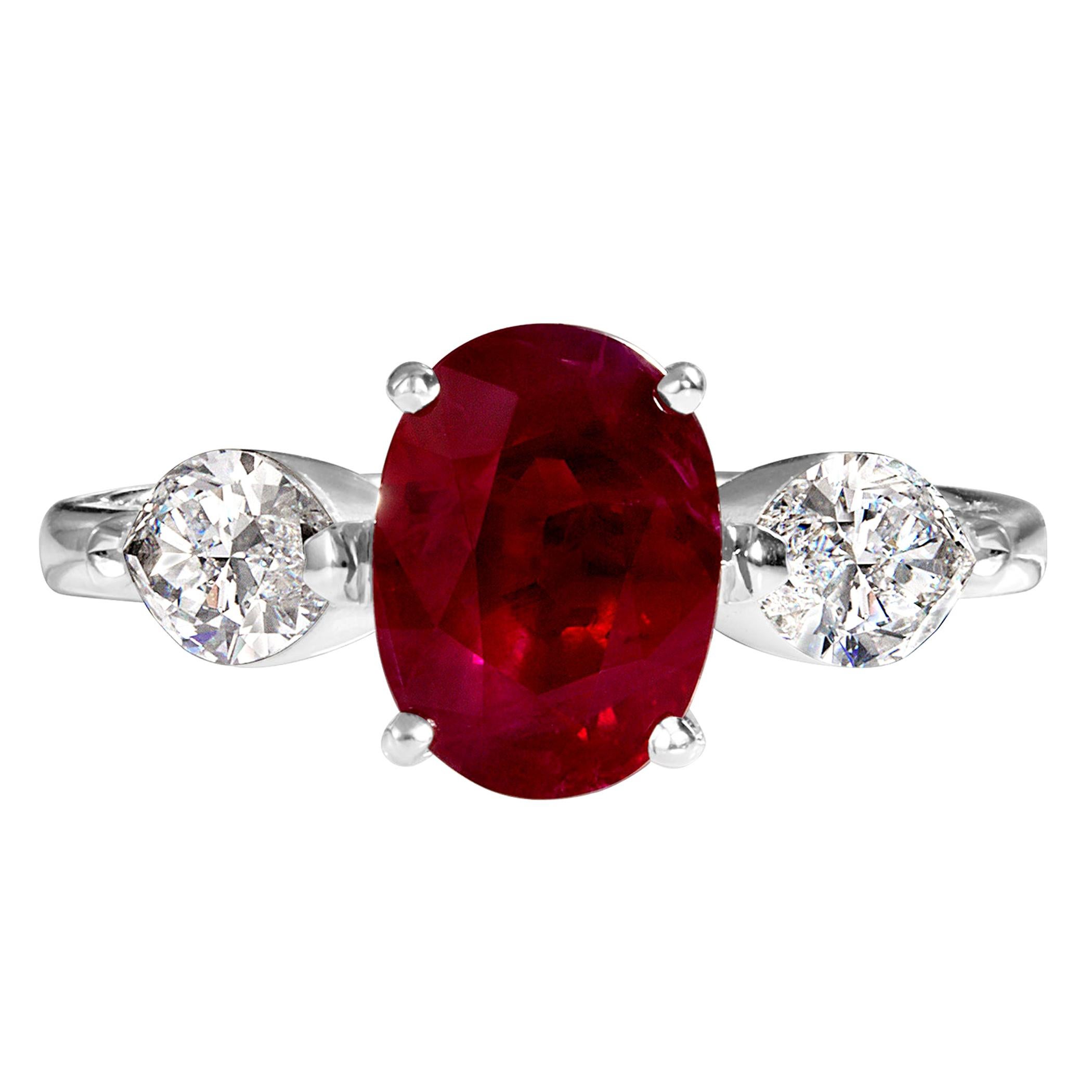 GIA 4.02ct Estate Vintage Burma Red Ruby Diamond 3Stone Engagement Wedding WG