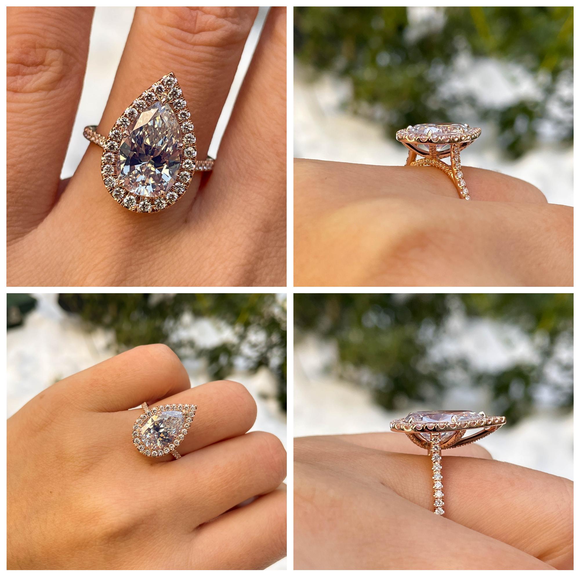 Women's GIA 4.02ct Estate Vintage Pear Diamond Engagement Wedding 18k Rose Gold Ring
