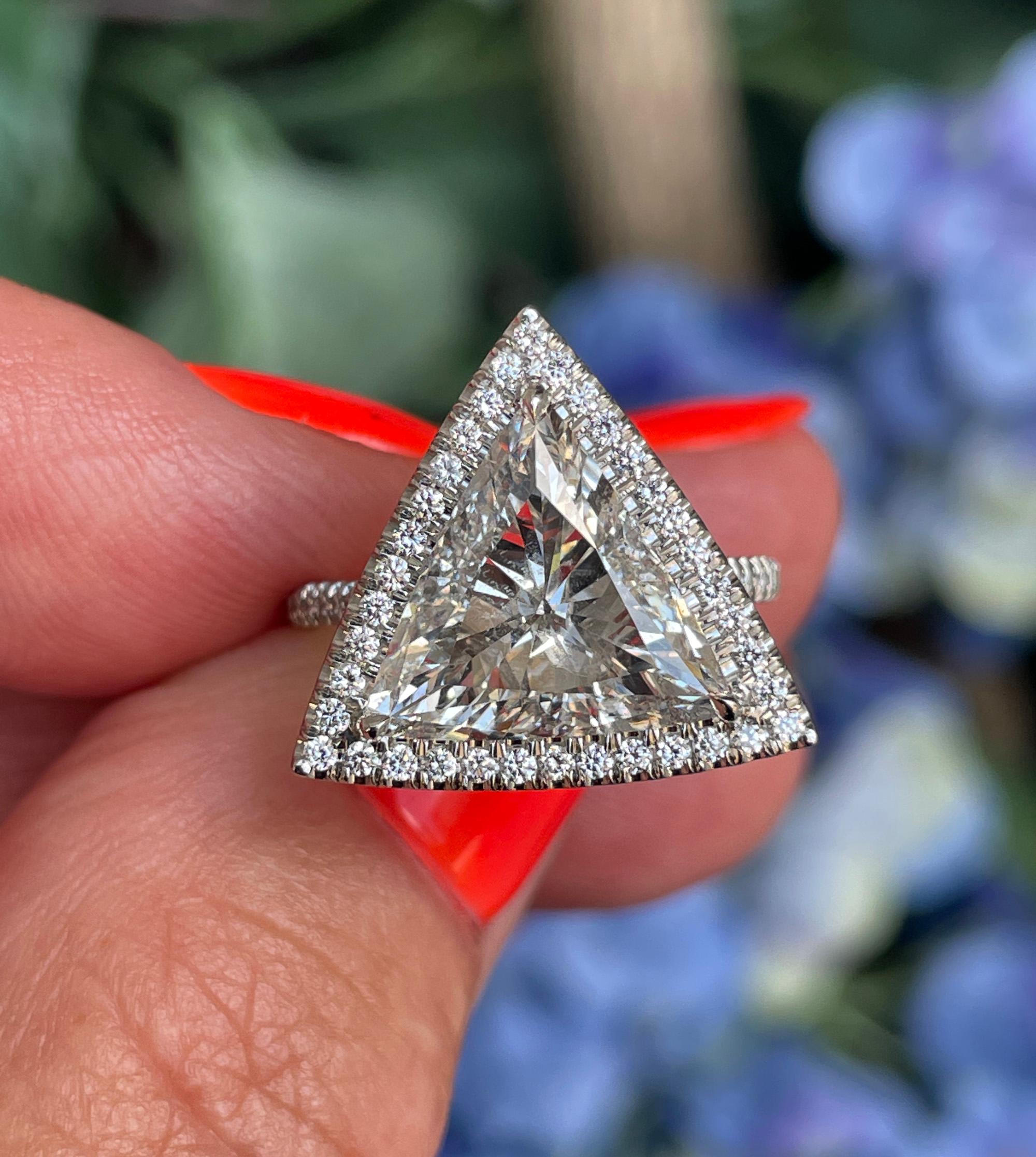 GIA 4.02ctw Trillion Diamond Engagement Halo Pave Platinum Ring For Sale 7