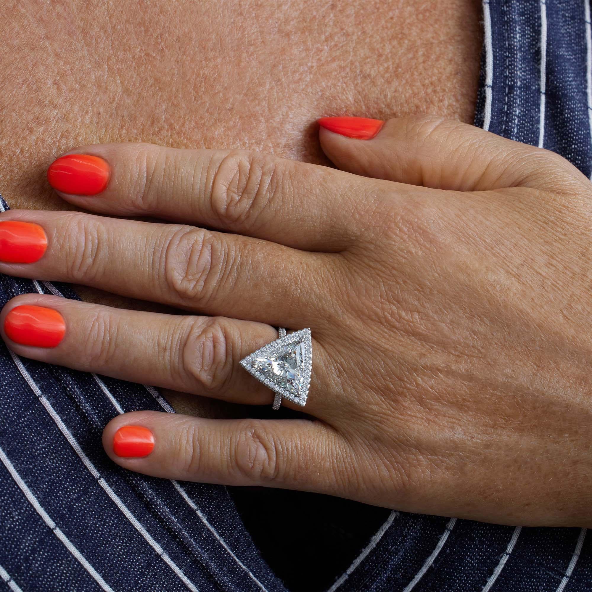 GIA 4.02ctw Trillion Diamond Engagement Halo Pave Platinum Ring For Sale 2