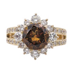 GIA 4.03 Carat Fancy Cognac Round Diamond Cluster Wedding Rose Gold Ring