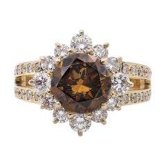 GIA 4.03 Carat Fancy Cognac Round Diamond Cluster Wedding Rose Gold Ring