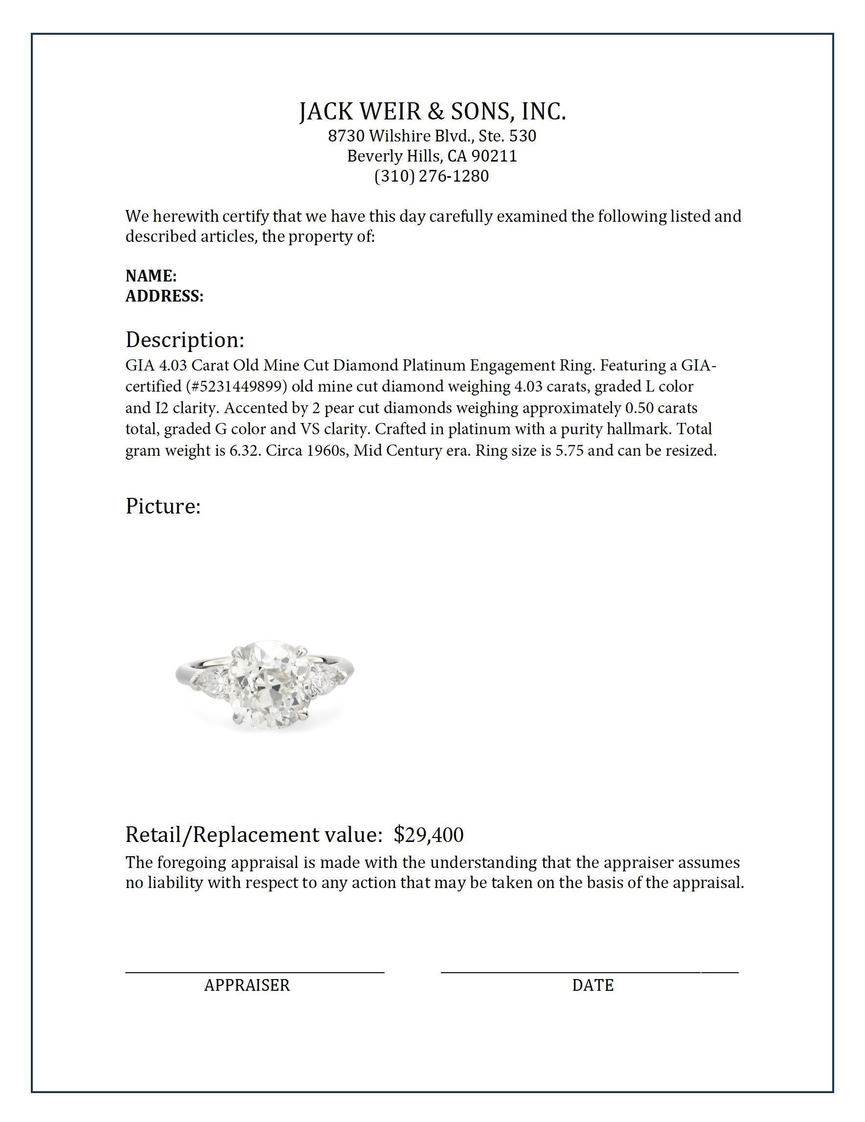 GIA 4.03 carat old mine cut diamond platinum engagement ring In Excellent Condition In Beverly Hills, CA