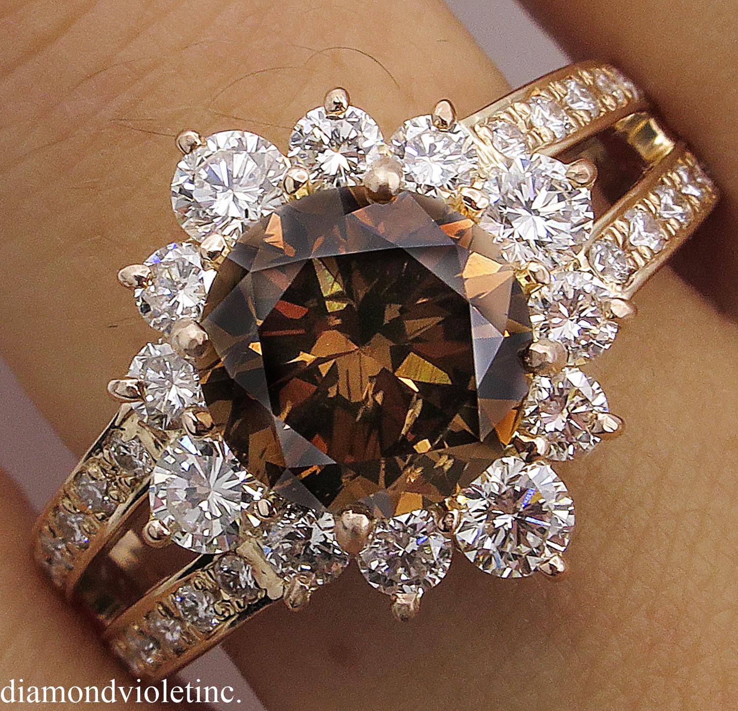 GIA 4.03 Carat Fancy Cognac Round Diamond Cluster Wedding Rose Gold Ring 6