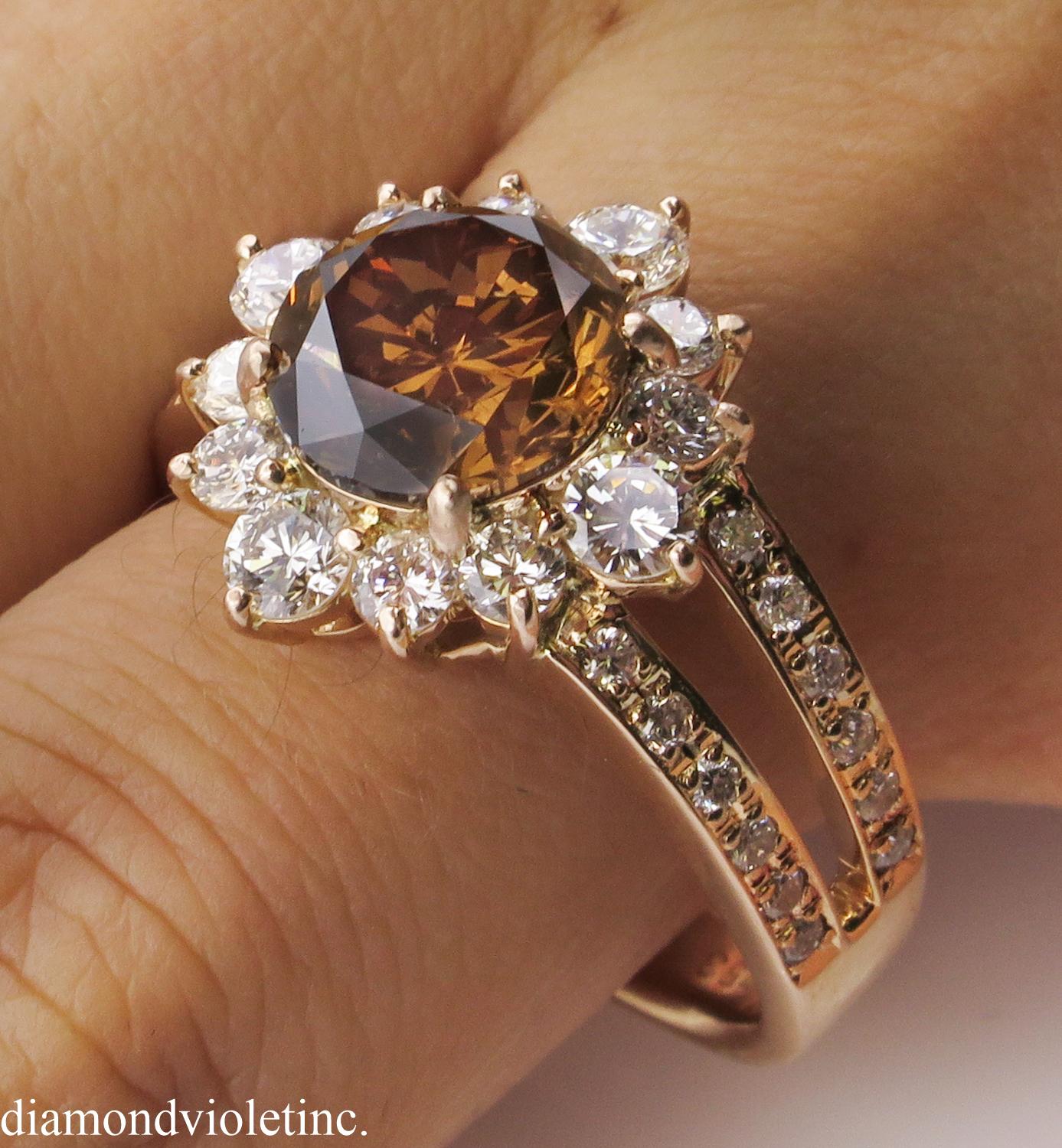 GIA 4.03 Carat Fancy Cognac Round Diamond Cluster Wedding Rose Gold Ring 9