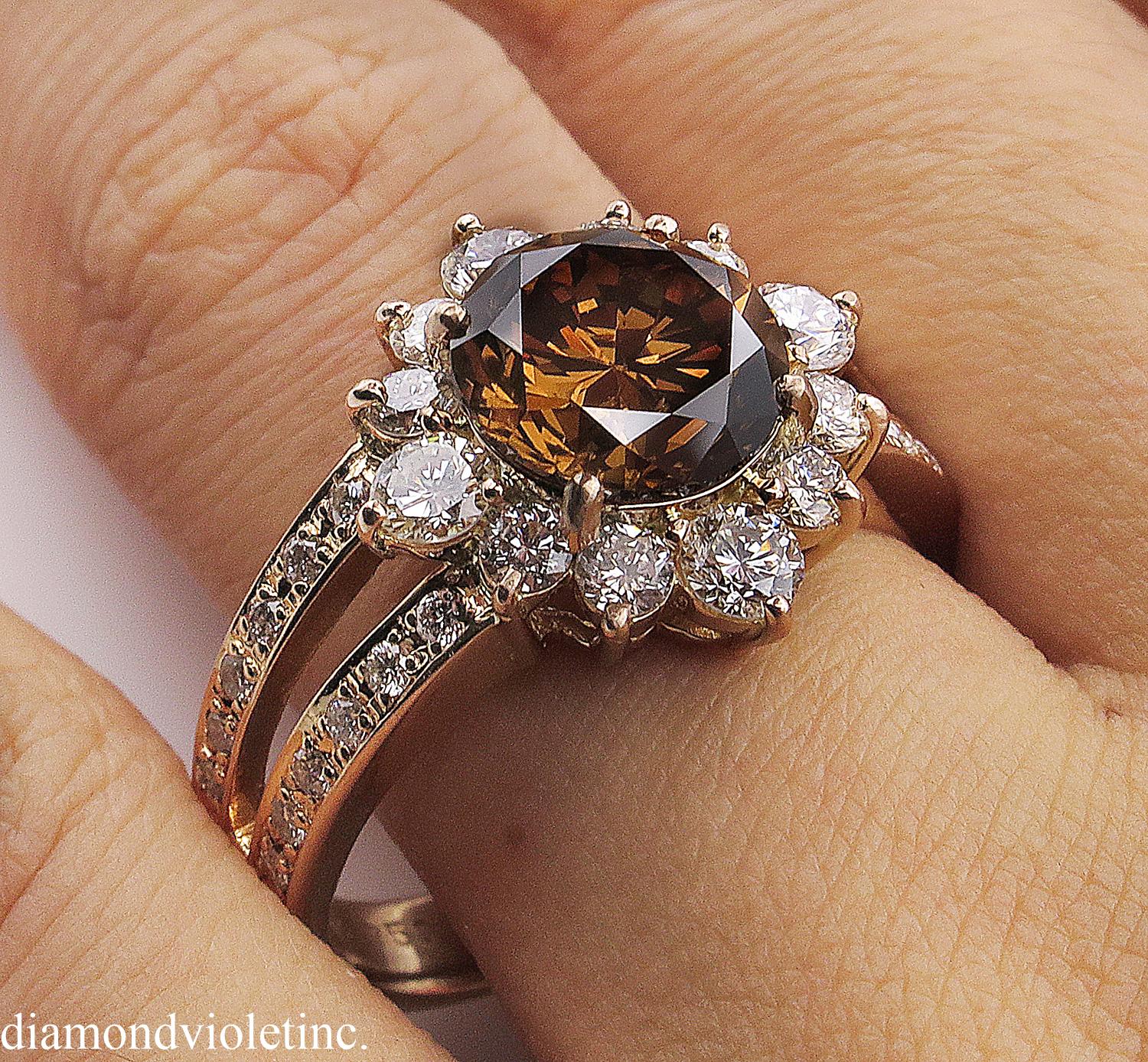 GIA 4.03 Carat Fancy Cognac Round Diamond Cluster Wedding Rose Gold Ring 10