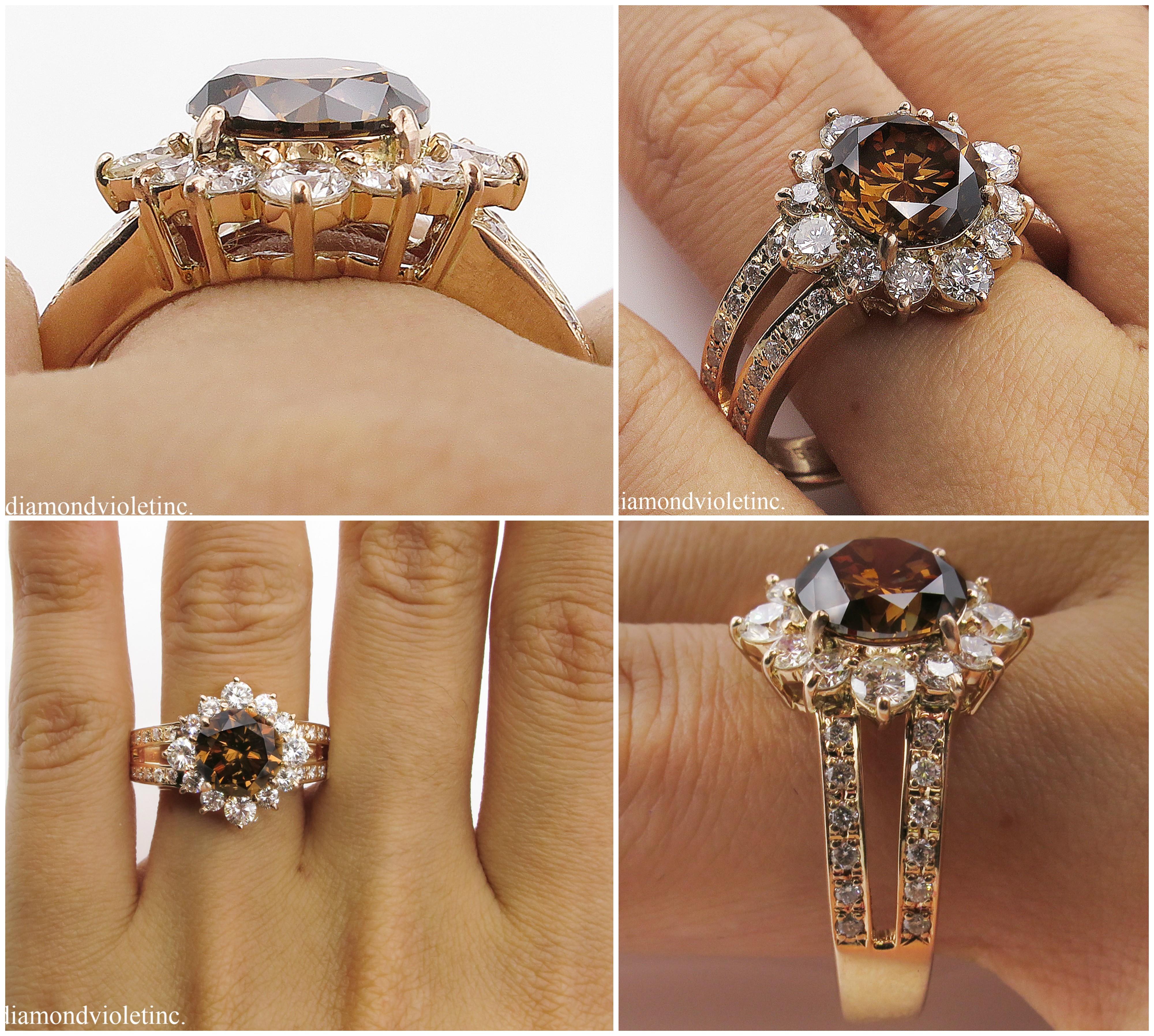 GIA 4.03 Carat Fancy Cognac Round Diamond Cluster Wedding Rose Gold Ring 11