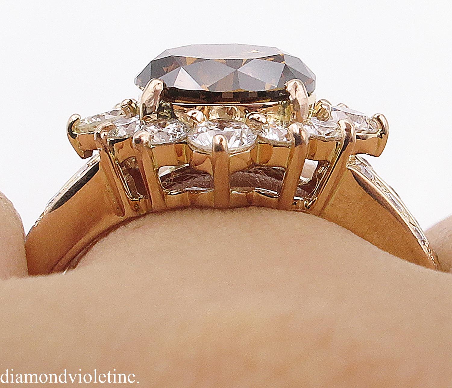 GIA 4.03 Carat Fancy Cognac Round Diamond Cluster Wedding Rose Gold Ring 12