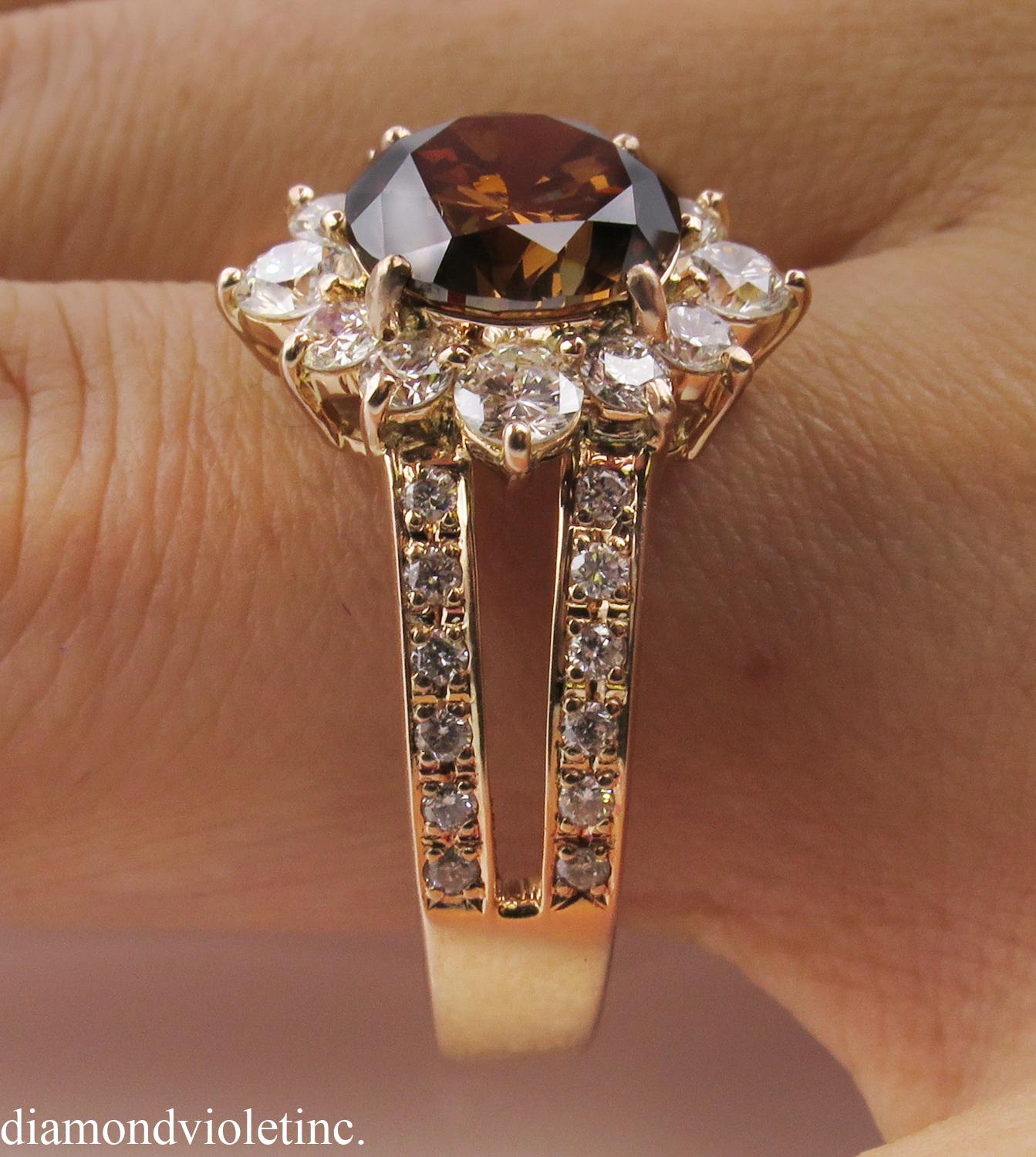 GIA 4.03 Carat Fancy Cognac Round Diamond Cluster Wedding Rose Gold Ring 13