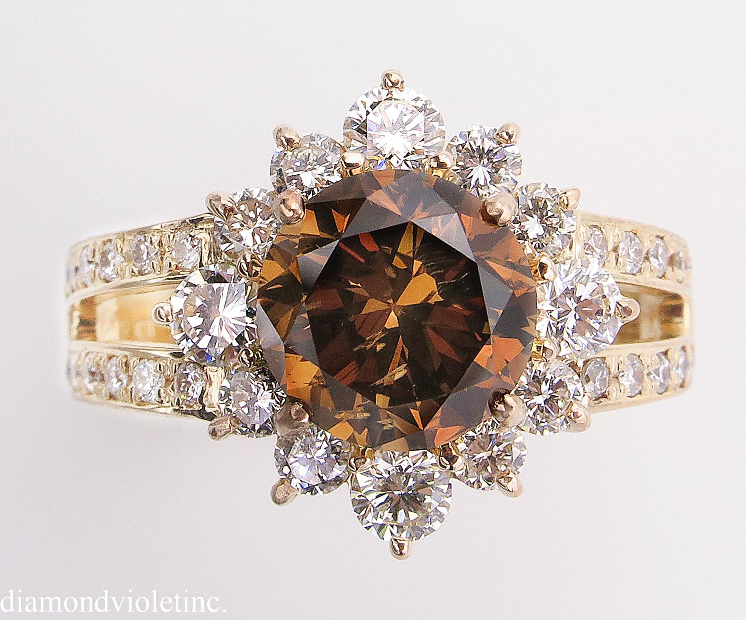 This breathtakingly beautiful Estate Vintage COGNAC Round Diamond Handmade 18k Rose Gold Cluster Engagement Ring (stamped). The Center Diamond is GIA Certified 2.75ct Round Shaped Beautiful NATURAL Fancy Dark Orange-Brown color, I1 clarity. Gorgeous