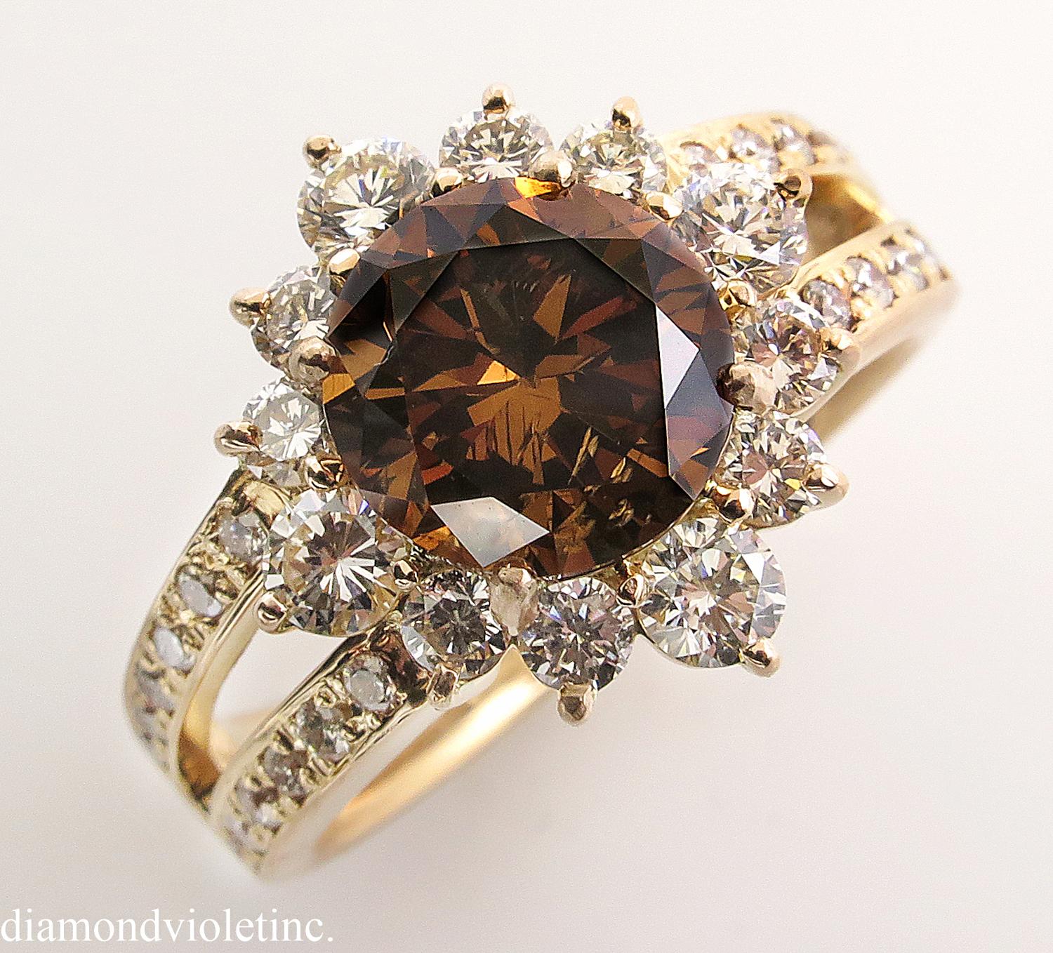 Round Cut GIA 4.03 Carat Fancy Cognac Round Diamond Cluster Wedding Rose Gold Ring