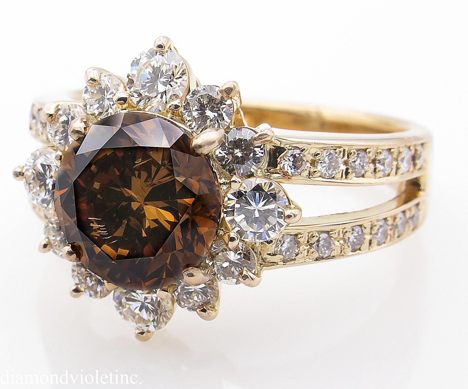 GIA 4.03 Carat Fancy Cognac Round Diamond Cluster Wedding Rose Gold Ring In Good Condition In New York, NY