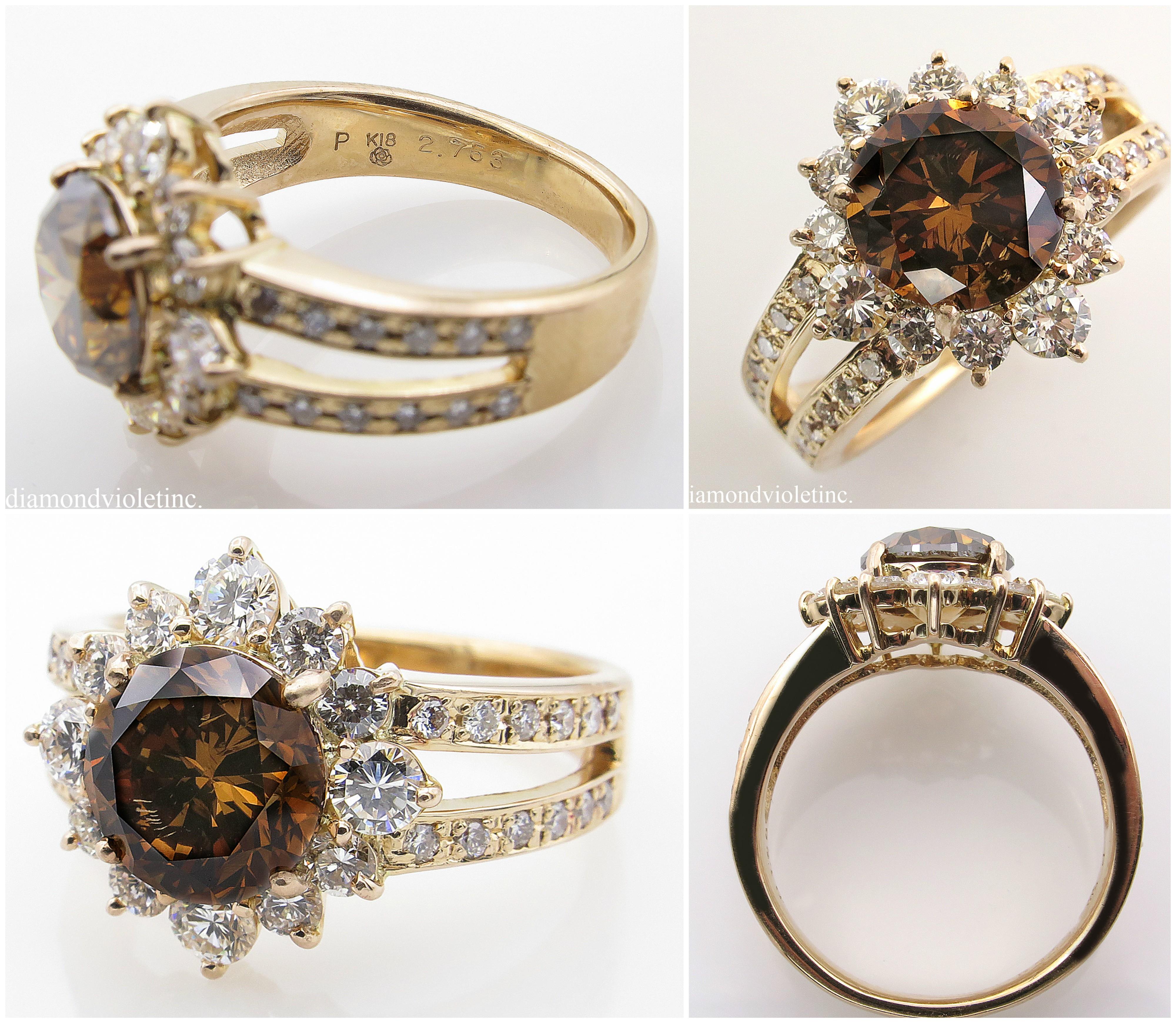 Women's GIA 4.03 Carat Fancy Cognac Round Diamond Cluster Wedding Rose Gold Ring