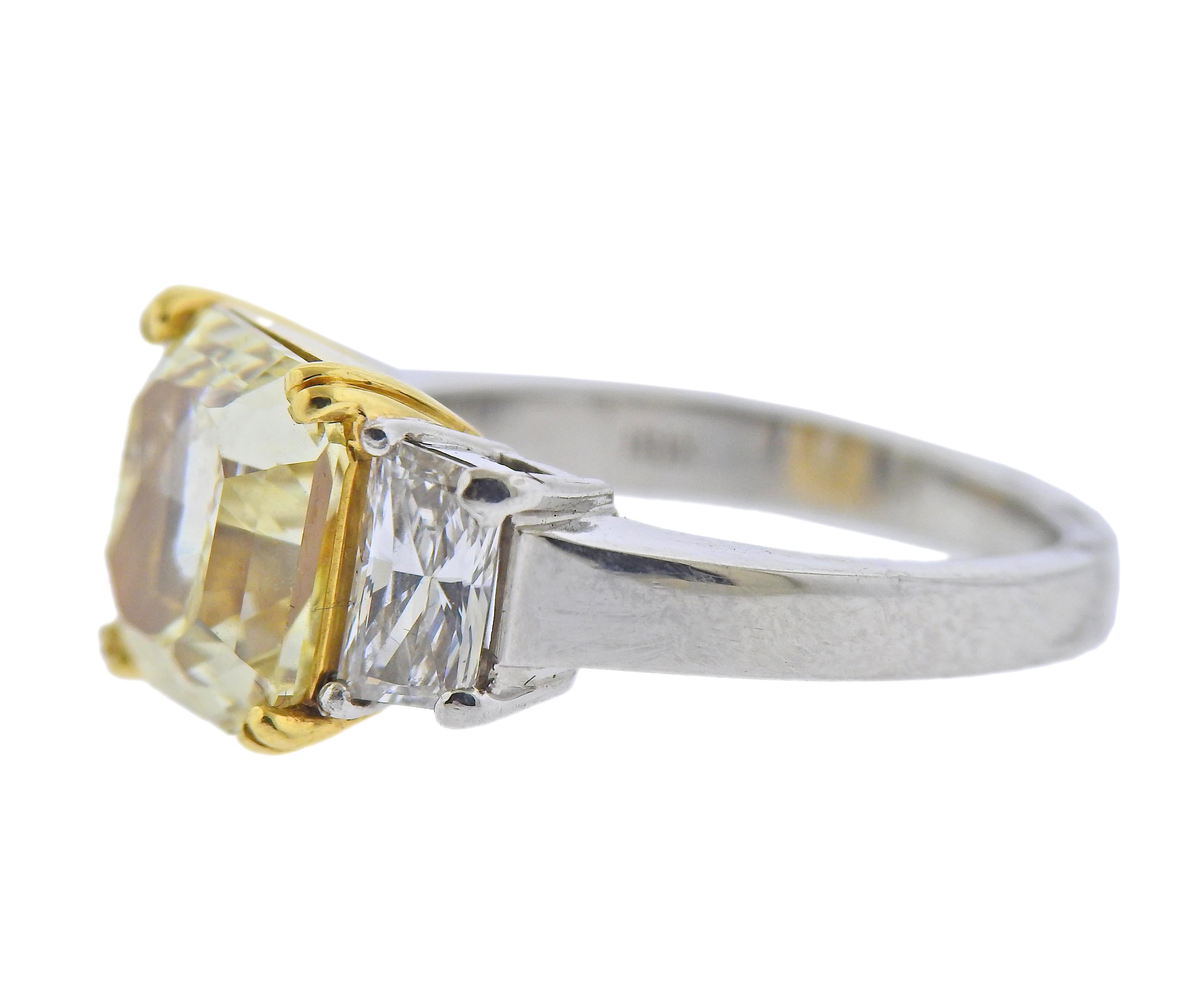 Mixed Cut GIA 4.04 Carat Fancy Yellow VS1 Diamond Platinum Gold Engagement Ring For Sale