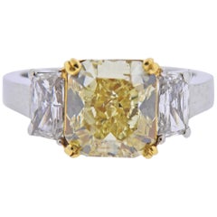 Vintage GIA 4.04 Carat Fancy Yellow VS1 Diamond Platinum Gold Engagement Ring