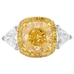 GIA 4.04 Natural Fancy Intense Yellow Diamond Gold Cocktail Three-Stone Ring GIA 4.04 Natural Fancy Intense Yellow Diamond Gold Cocktail Three-Stone Ring
