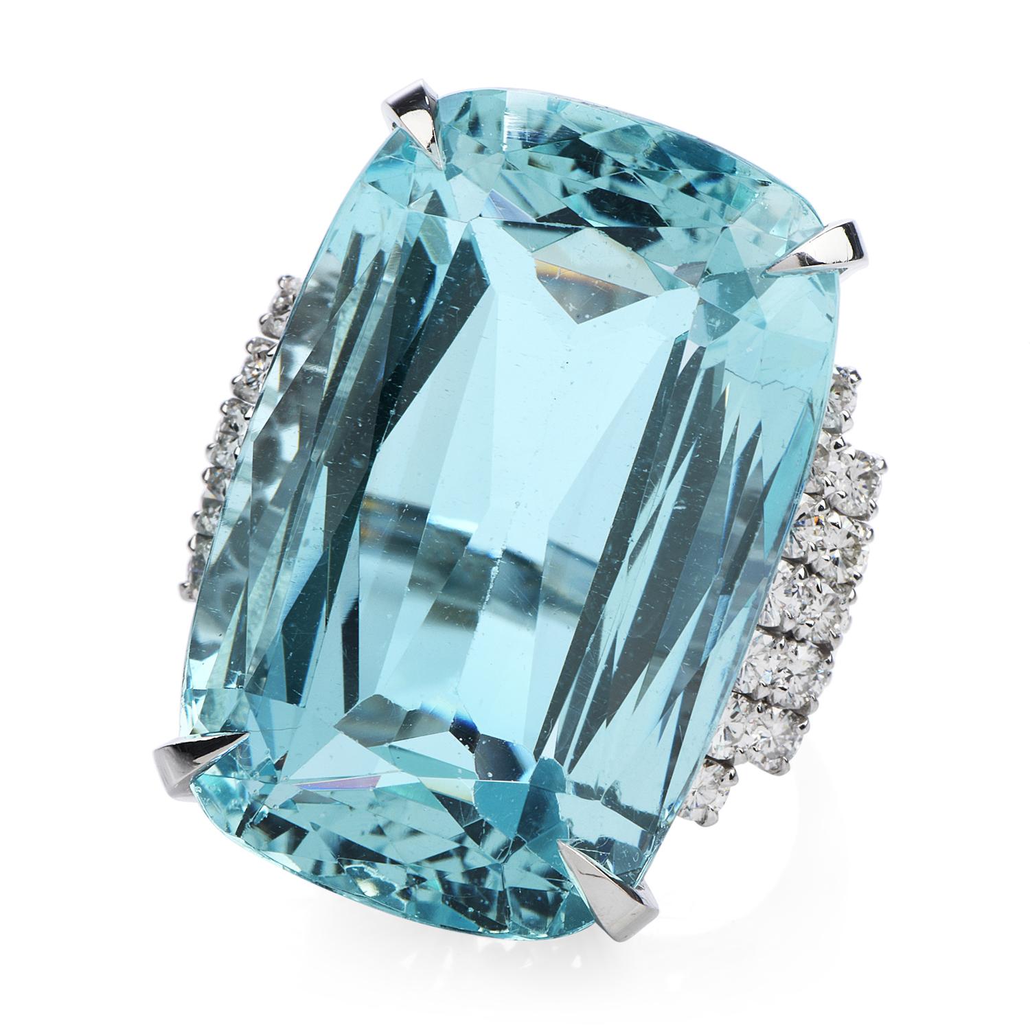 Art Deco GIA 40.45 Carat Aquamarine Diamond Platinum Cocktail Ring