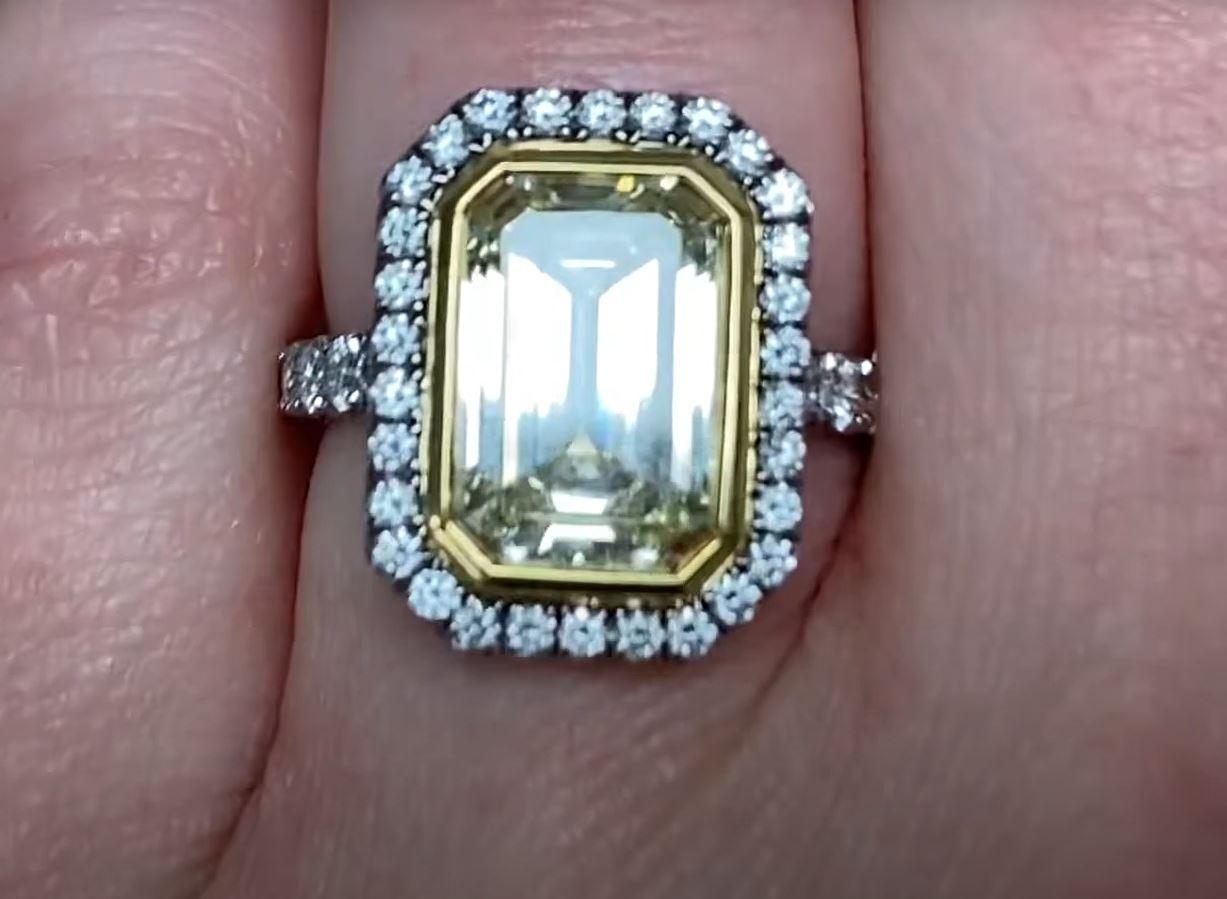 Women's GIA 4.04ct Emerald Cut Fancy Diamond Engagement Ring, Diamond Halo, Platinum For Sale
