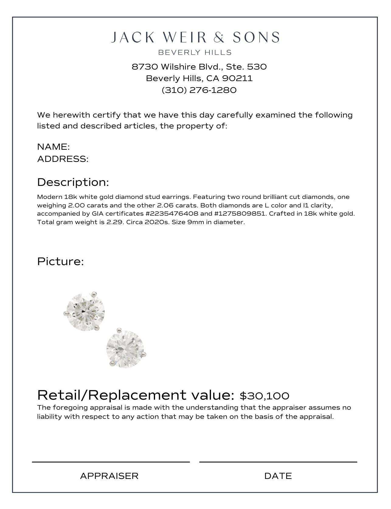 Women's or Men's GIA 4.06 carat total weight diamond 18k white gold stud earrings