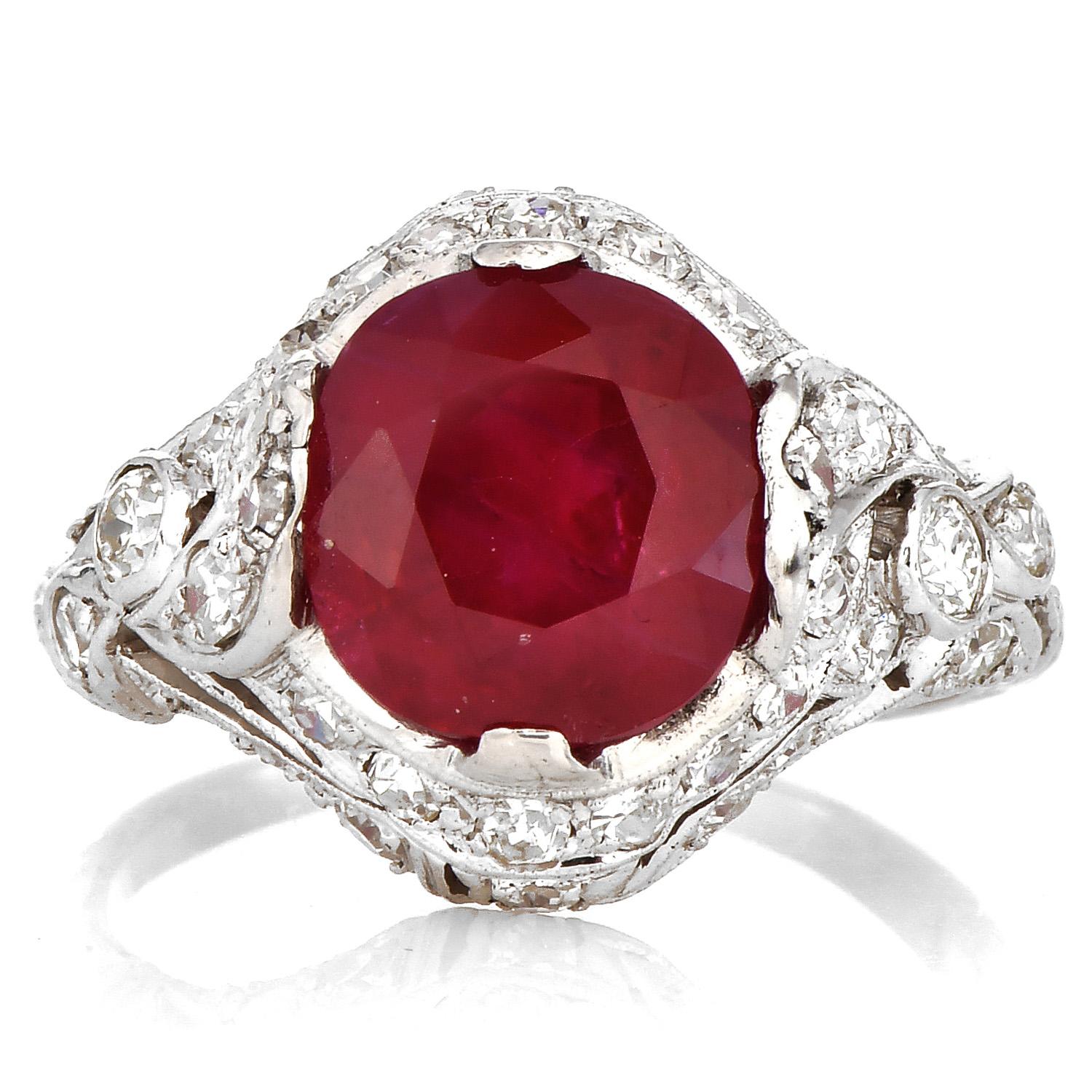 GIA 4.06 Ct Burma Ruby Diamond Platinum Antique Cocktail Ring In Excellent Condition For Sale In Miami, FL