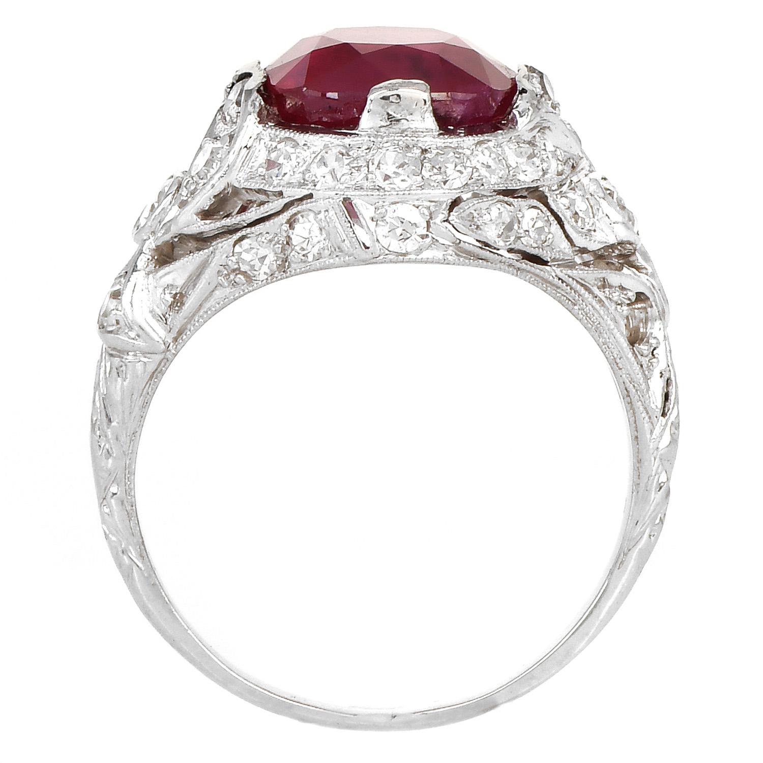 Women's GIA 4.06 Ct Burma Ruby Diamond Platinum Antique Cocktail Ring For Sale