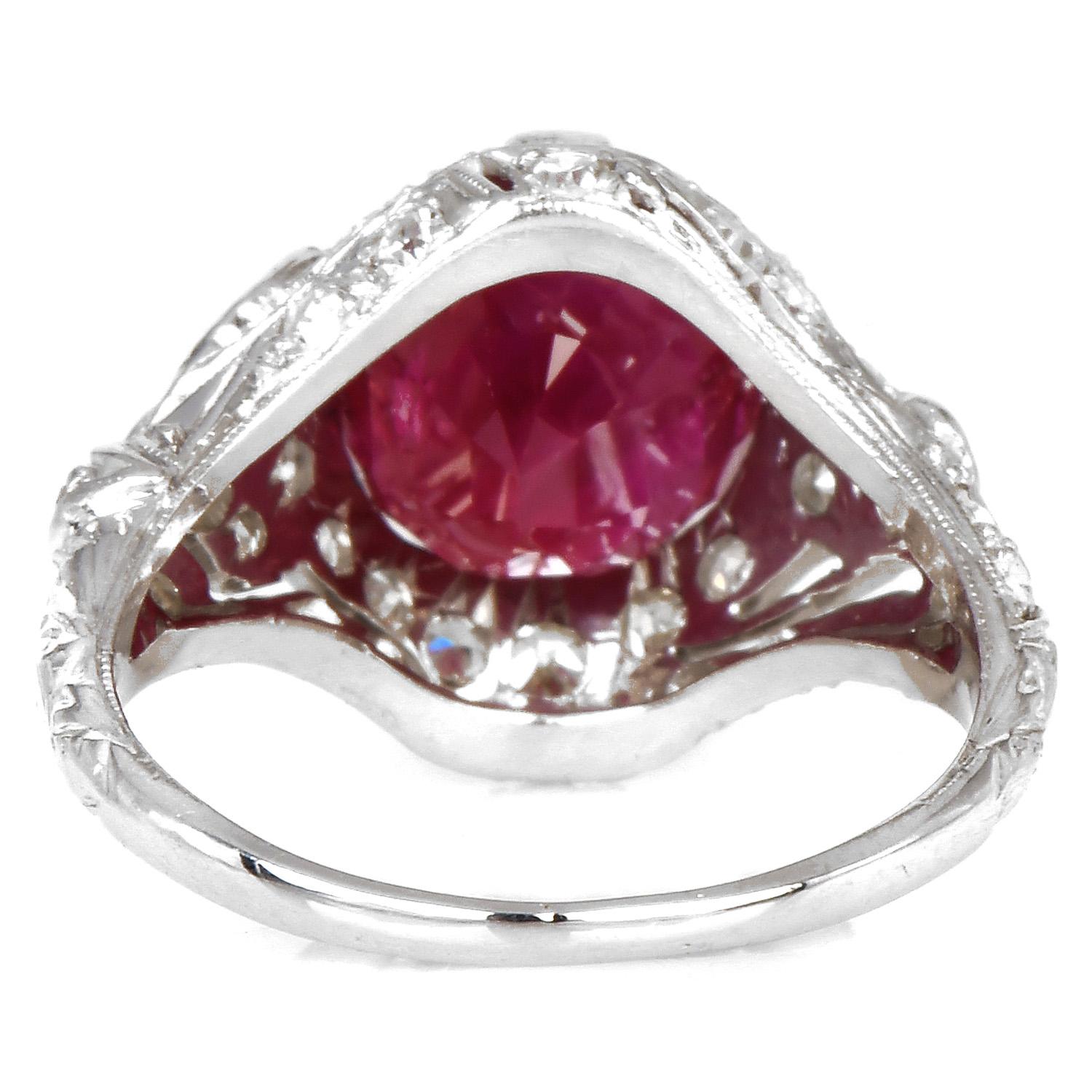 GIA 4.06 Ct Burma Ruby Diamond Platinum Antique Cocktail Ring For Sale 1