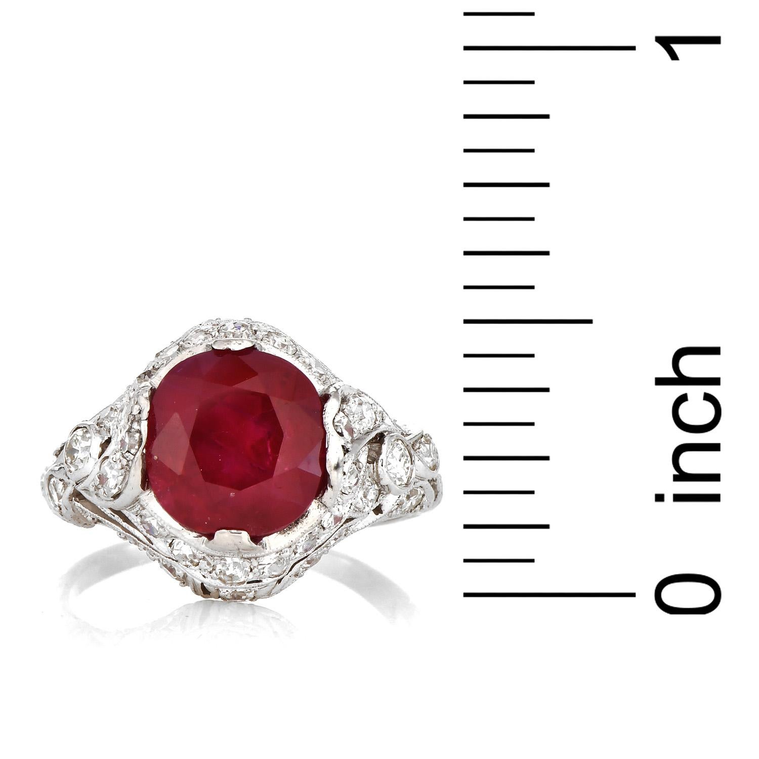 GIA 4.06 Ct Burma Ruby Diamond Platinum Antique Cocktail Ring For Sale 2