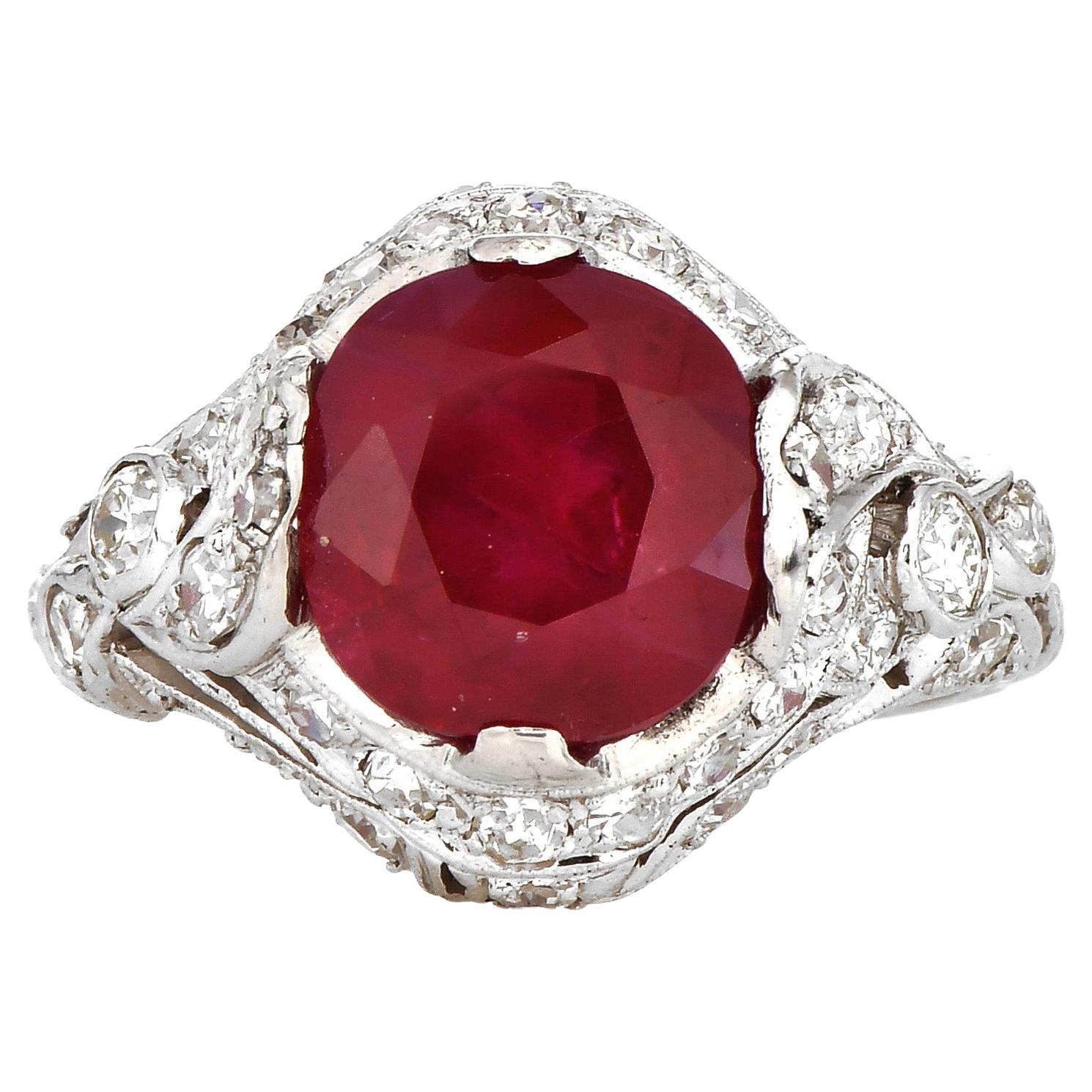 GIA 4.06 Ct Burma Ruby Diamond Platinum Antique Cocktail Ring For Sale