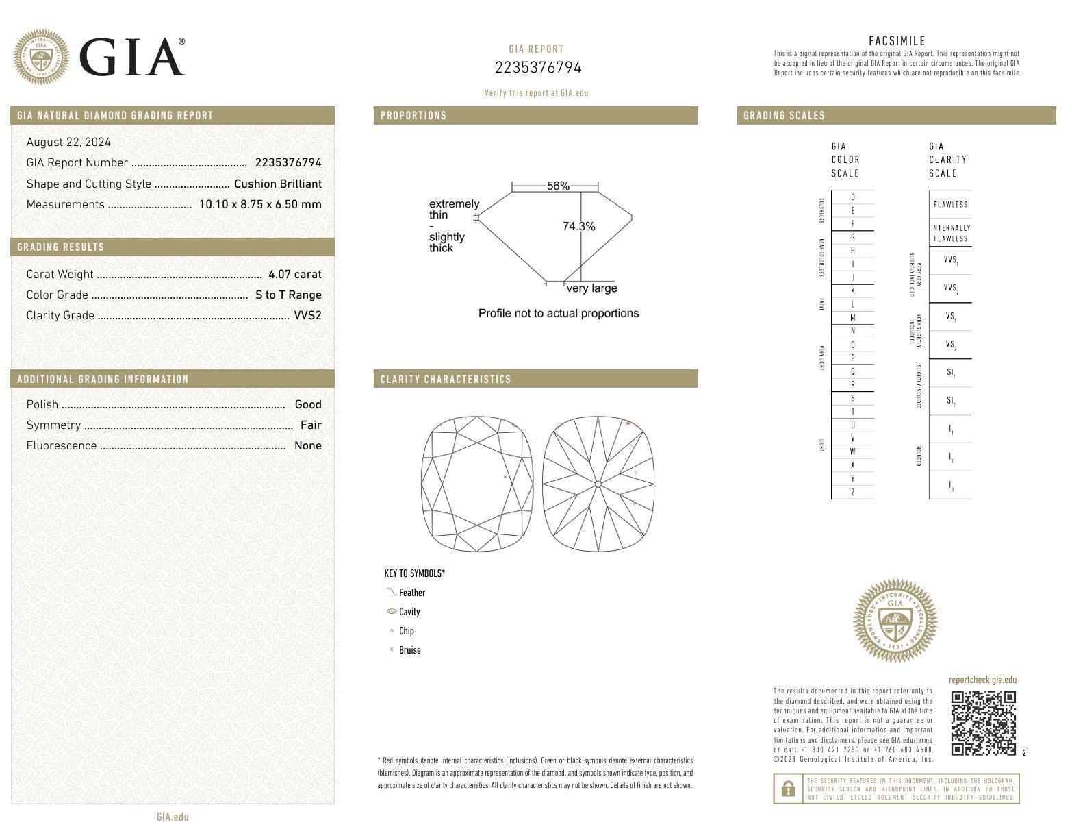 GIA 4.07 Carat Cushion Cut Diamond 18K Yellow Gold Engagement Ring 1
