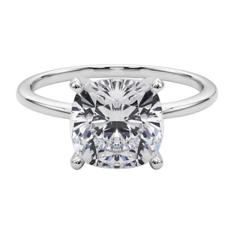 GIA 4.07ct Cushion Slim Band Prong Set Solitaire 18K White Gold Diamond Ring