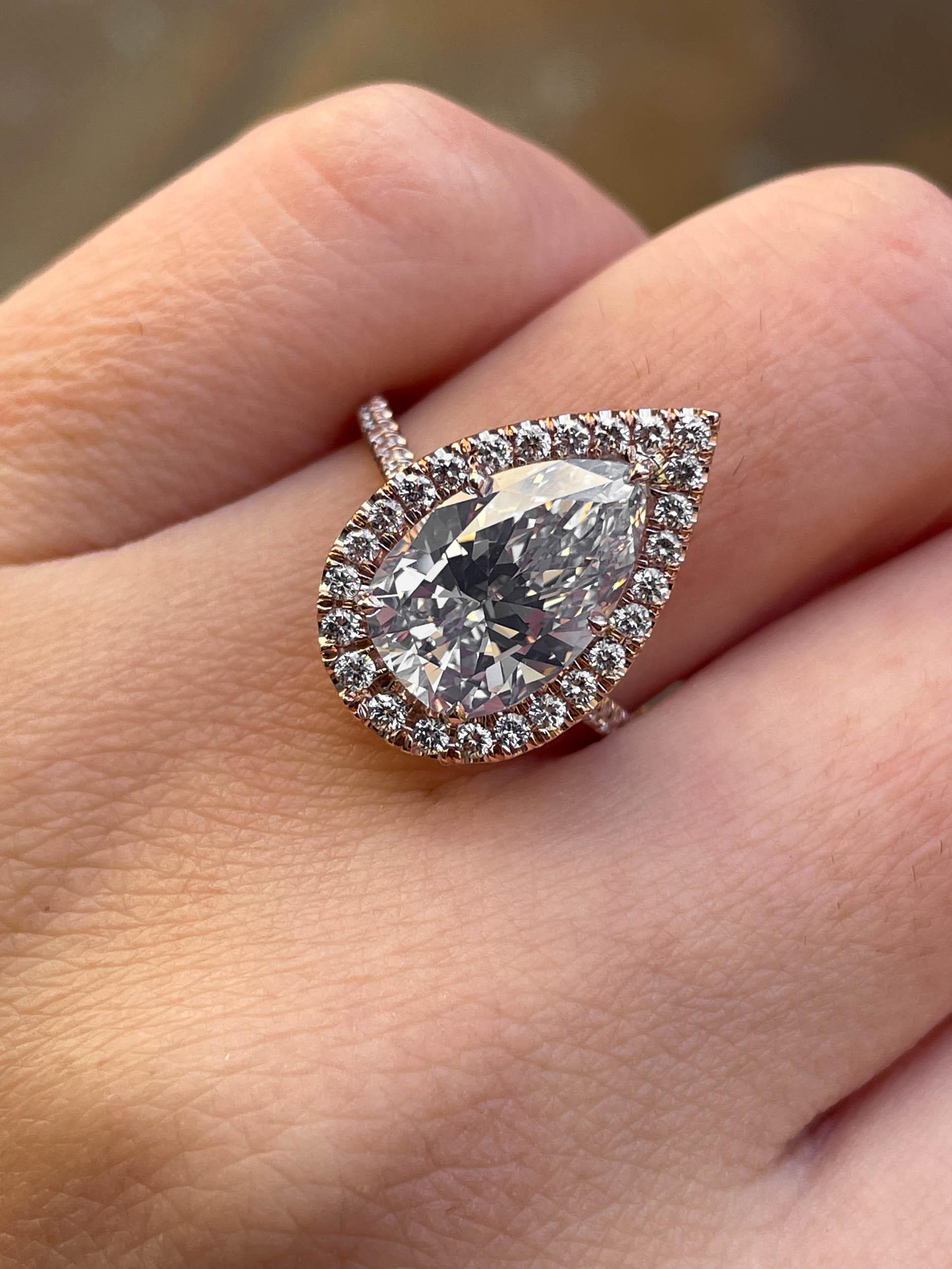 GIA 4.07ct Vintage Estate Pear Diamond Engagement Wedding 14k Rose Gold Ring For Sale 5