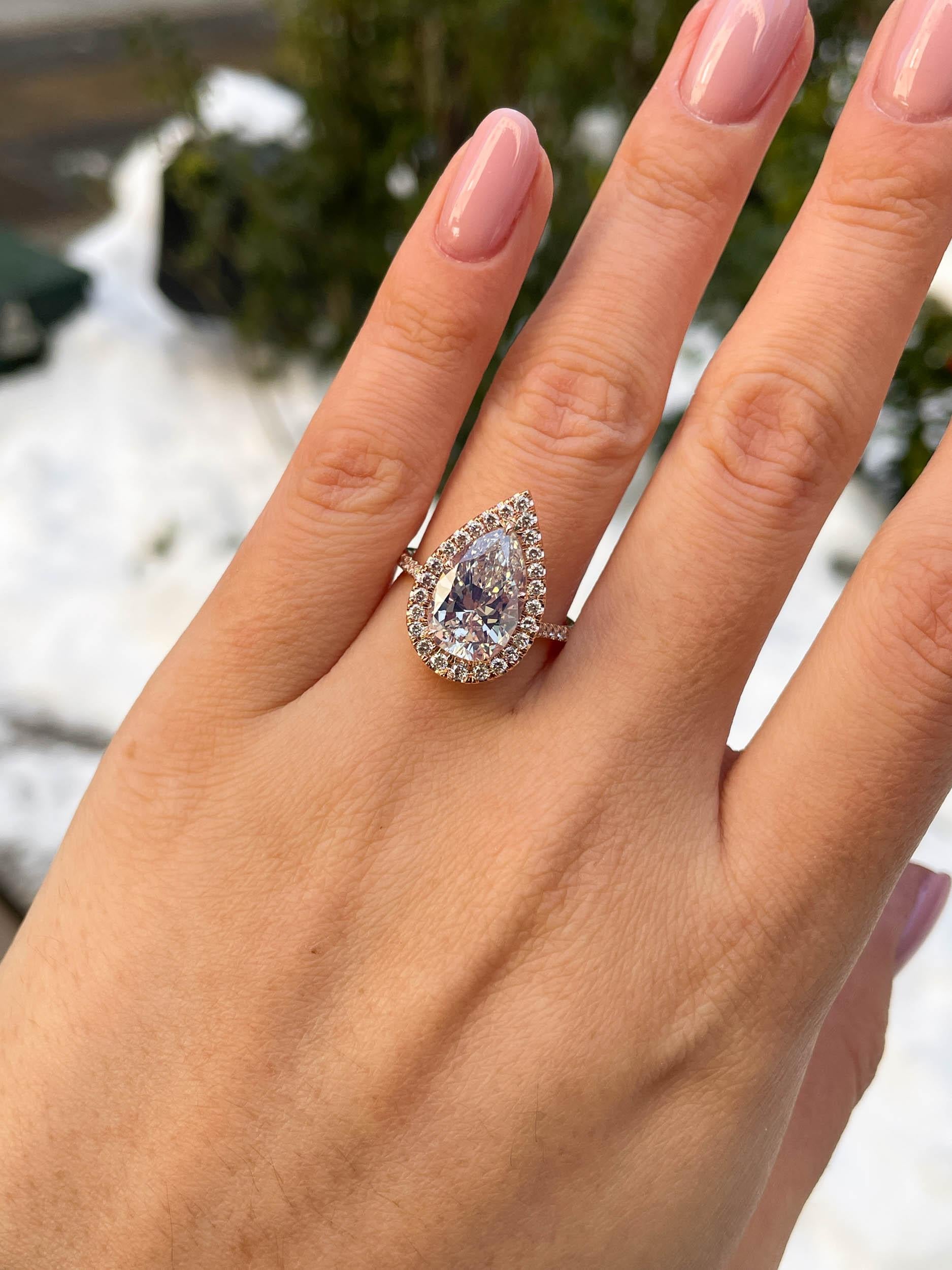 GIA 4.07ct Vintage Estate Pear Diamond Engagement Wedding 14k Rose Gold Ring For Sale 2