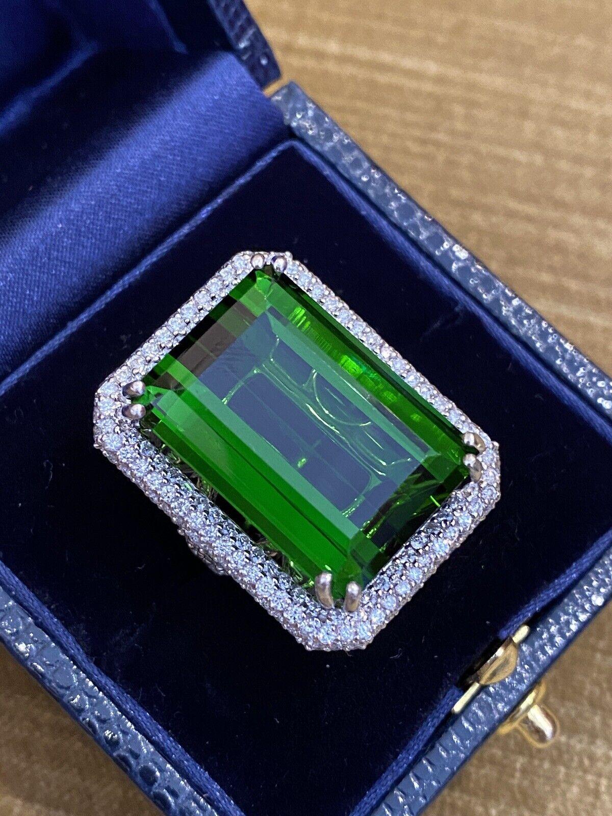 Emerald Cut GIA 40.87 Carat Green Tourmaline in Pave Diamond Ring in 18k White Gold For Sale