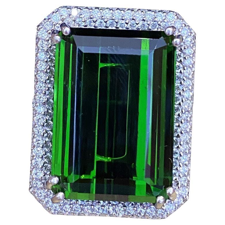 GIA 40.87 Carat Green Tourmaline in Pave Diamond Ring in 18k White Gold For Sale