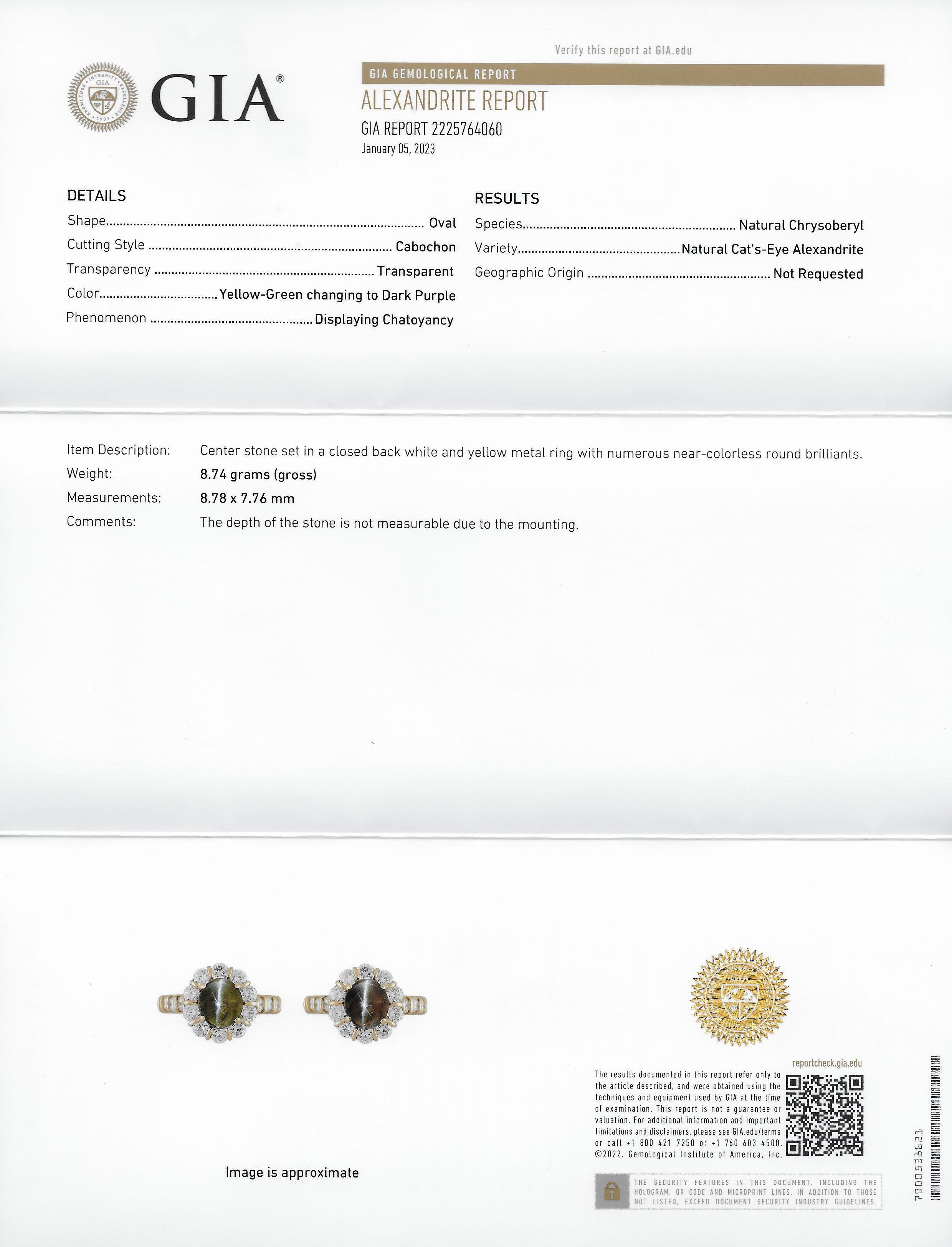 GIA 4.09 Carats Color Change Alexandrite Diamond Platinum 18 Karat Gold Ring For Sale 4