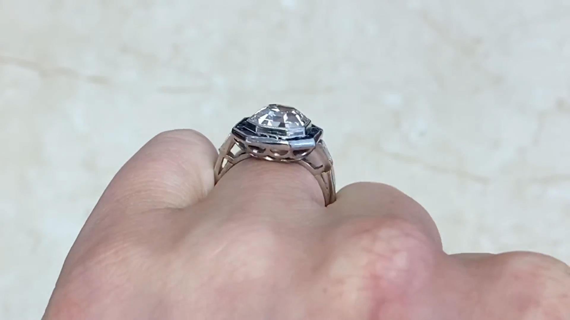 Art Deco Asscher Cut Diamond Engagement Ring (GIA Approx. 4.00-Carats), Sapphire Halo For Sale