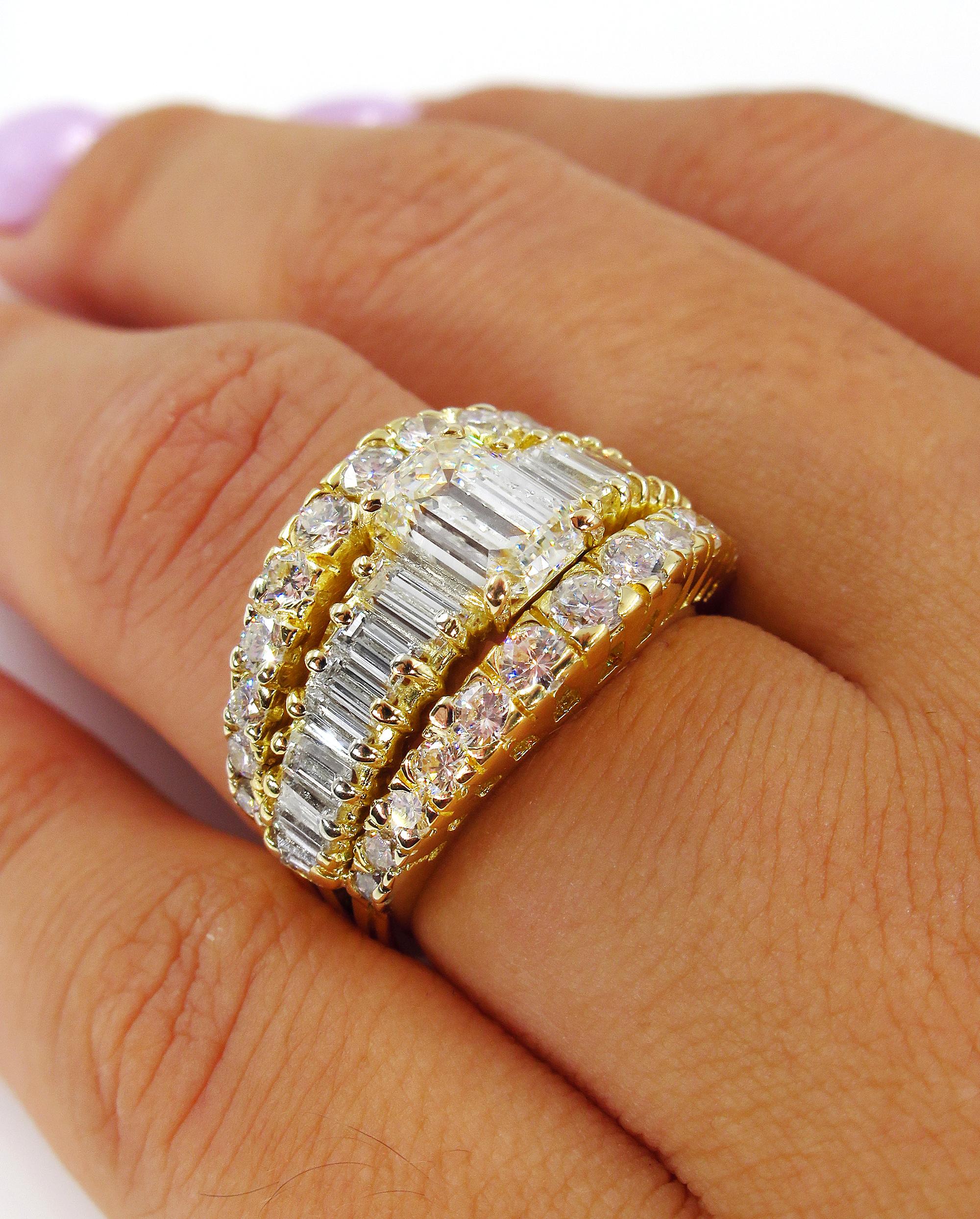 GIA 4.0 Carat Emerald Cut Diamond Vintage Triple Band Yellow Gold Ring 6